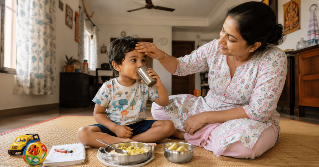 A mother feeding a child khichdi and fluids