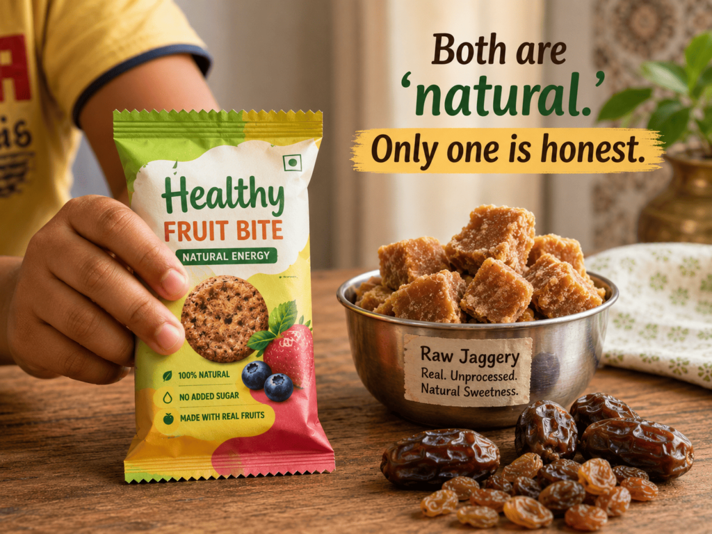 Processed snack vs raw jaggery - natural sugar comparison