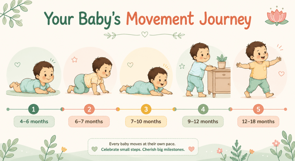 Baby movement milestones timeline from 4 to 18 months