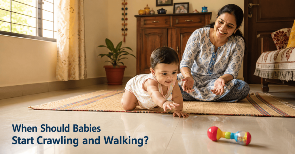  A mother helping baby practice crawling at home