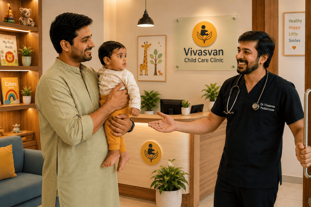 Father with baby meeting pediatrician