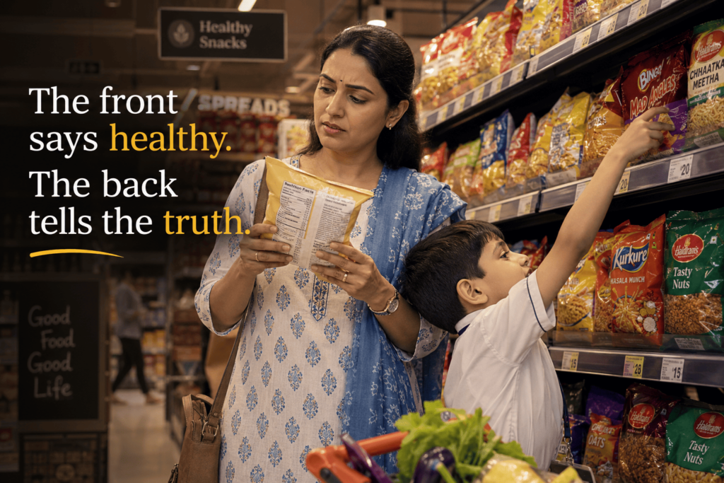 A mother reading snack nutrition label