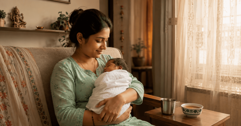 A mother holding newborn baby at home