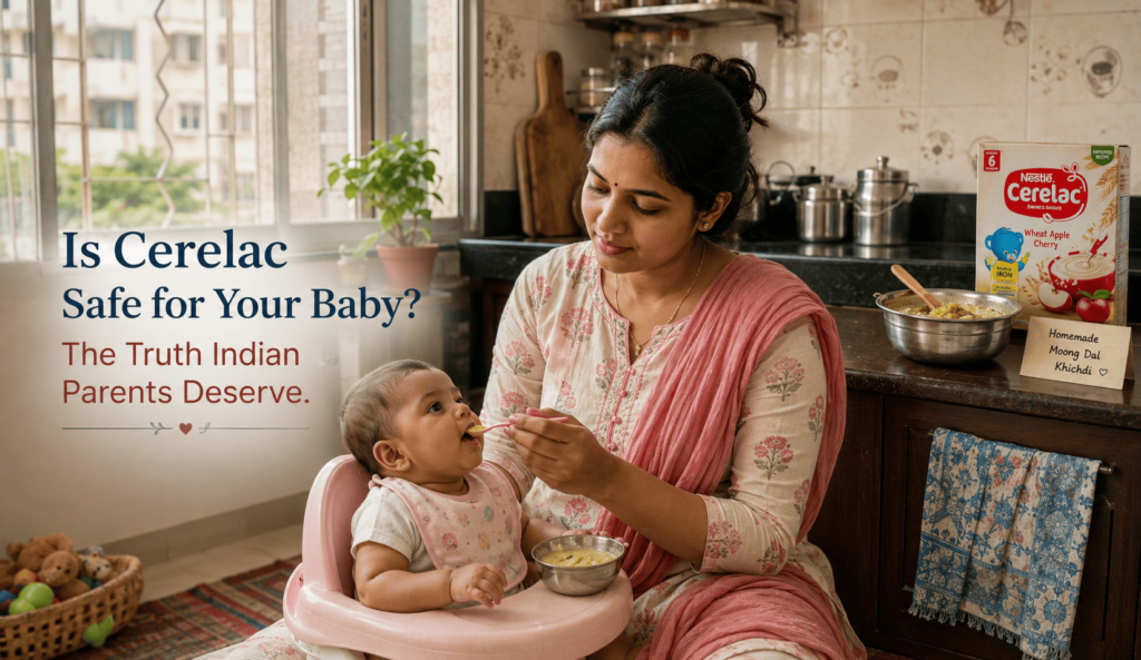 A mother feeding baby in high chair with Cerelac