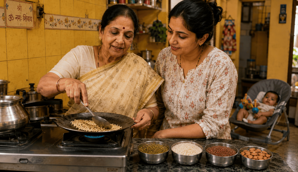  Grandmother and mother preparing homemade baby food