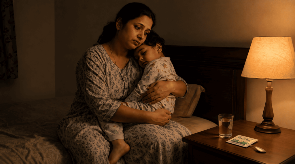 worried mother holding sick child at night