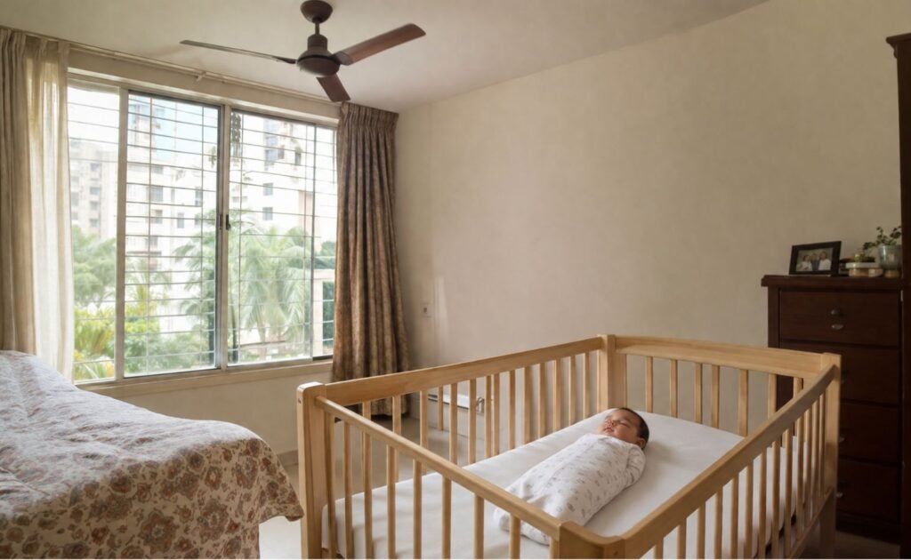 Baby sleeping safely on back in crib
