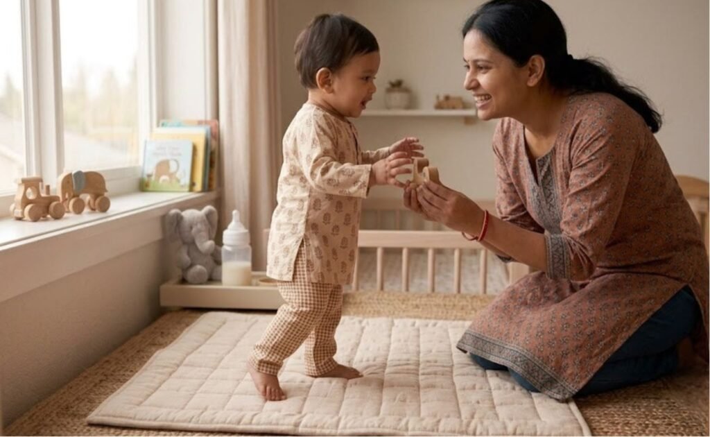 Pediatrician talking to child at eye level