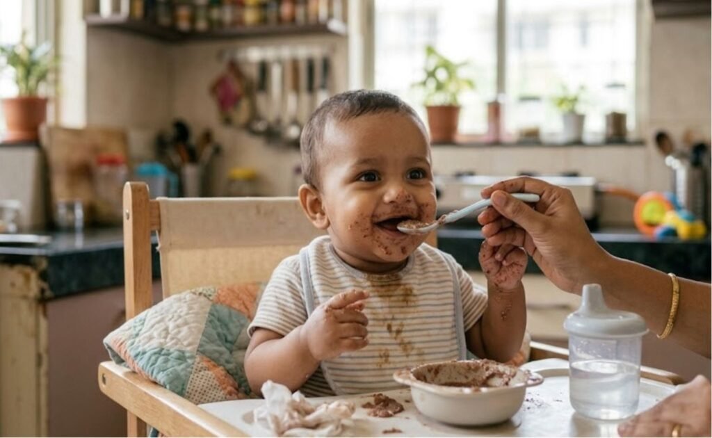 Baby eating first solid food