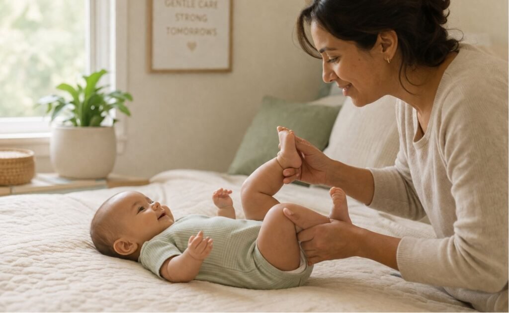Baby leg cycling for constipation relief