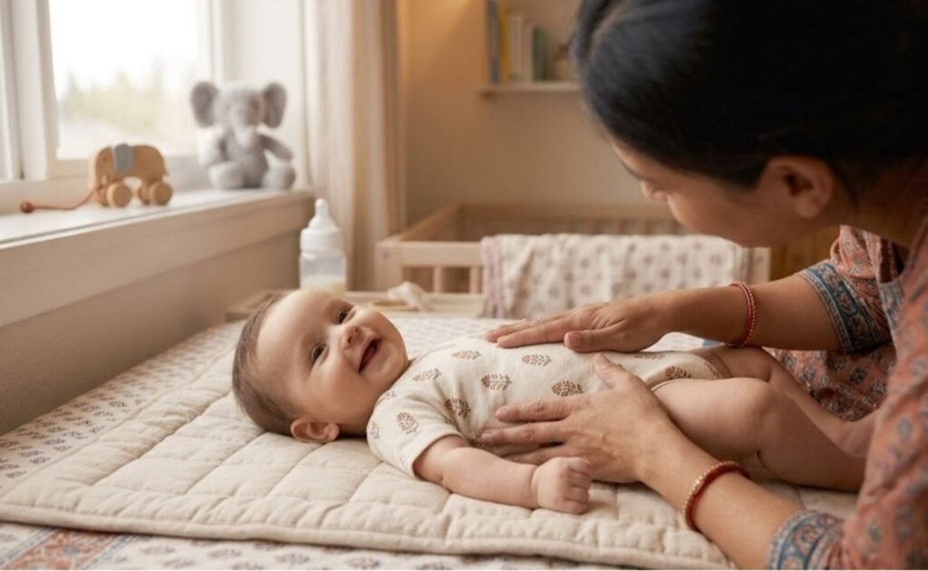 Mother massaging baby's tummy for constipation