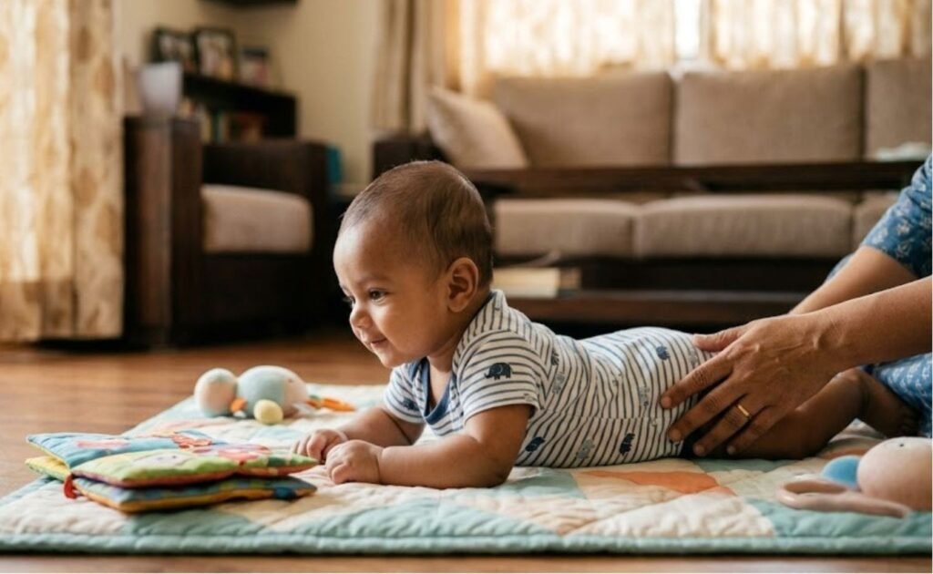 Baby doing tummy time on mat