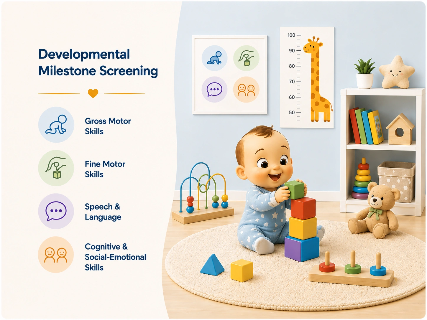 Developmental milestone screening - motor skills, speech and cognitive development
