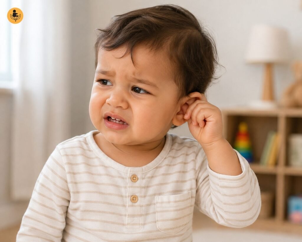 Toddler tugging at ear, common sign of ear infection