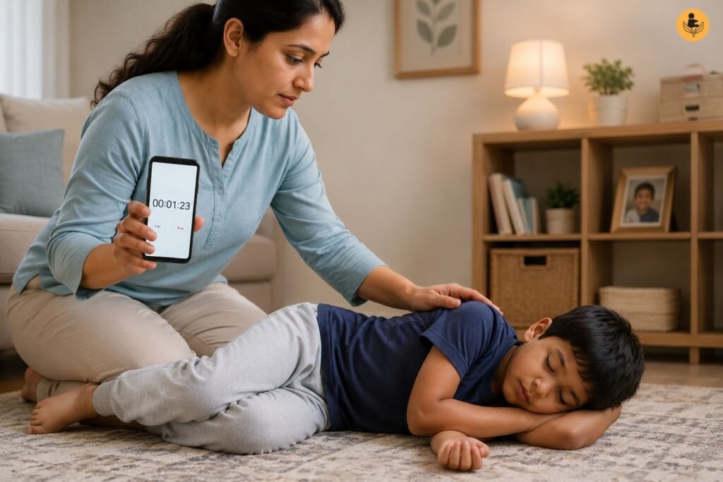 Parent timing a febrile seizure and staying calm