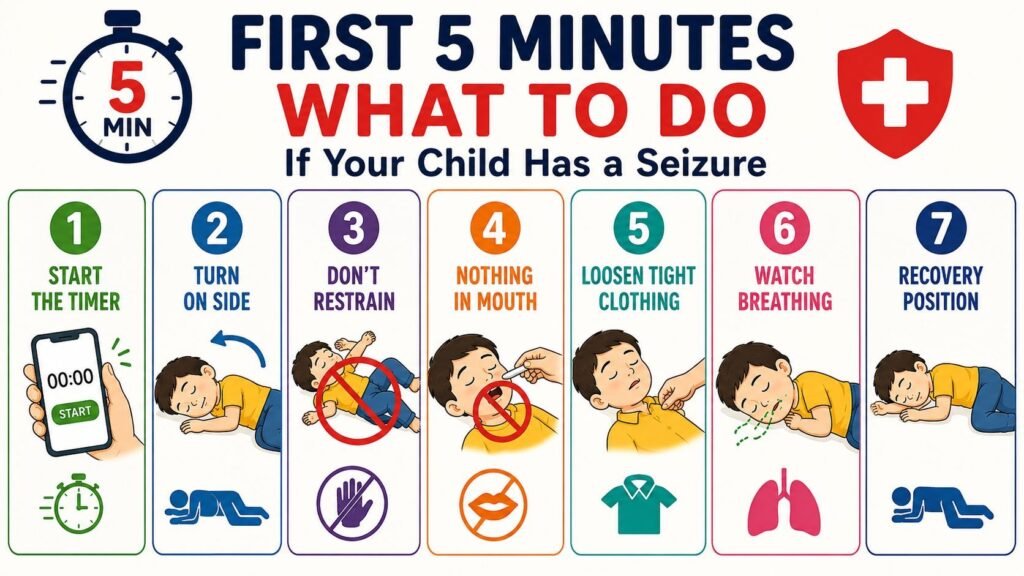 Febrile seizure first aid steps for the first 5 minutes
