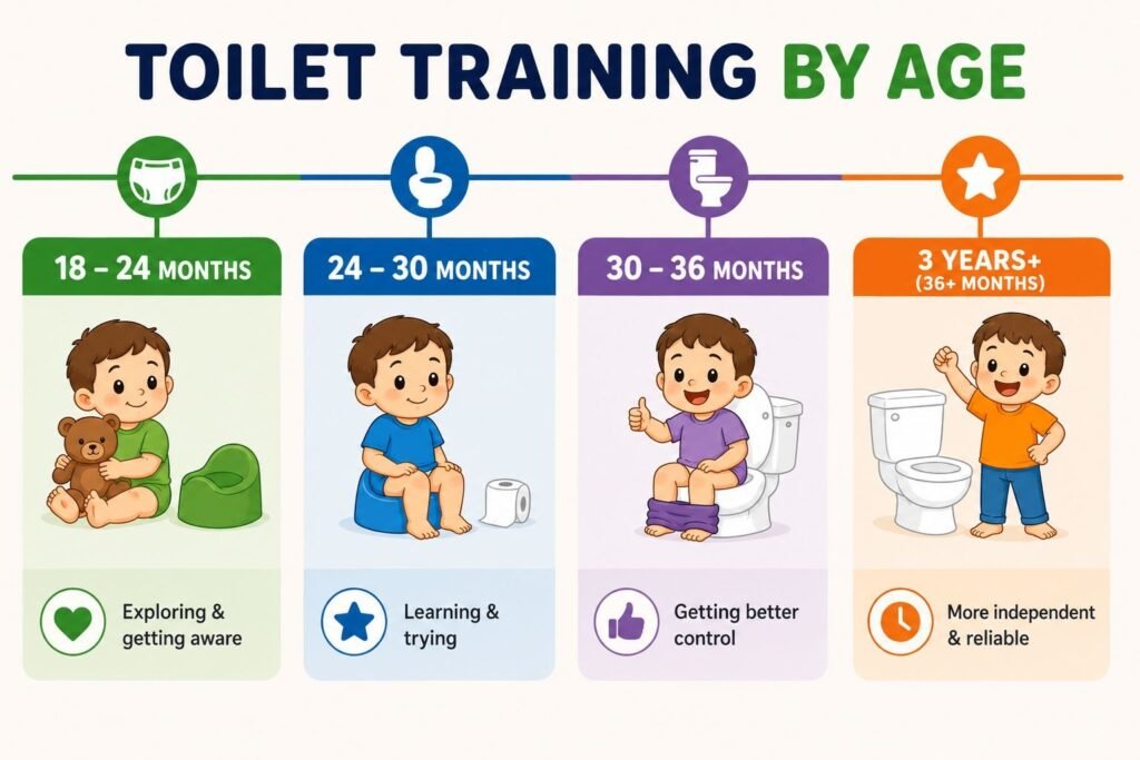 Toilet training readiness timeline by age, 18 months to 3 years
