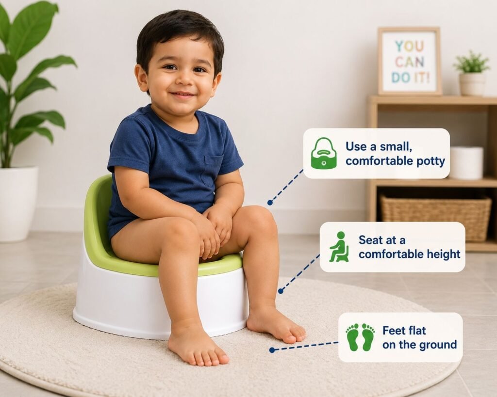 Toddler using a floor-level potty chair with feet flat