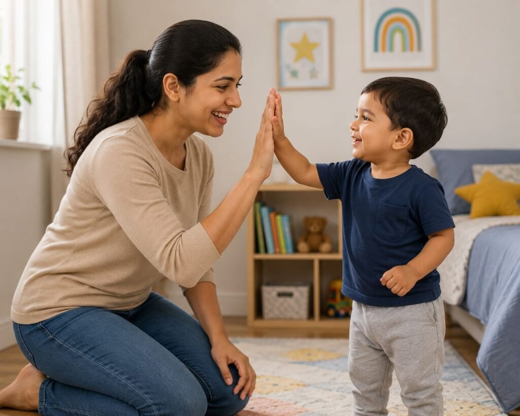Parent giving calm, warm praise to a toddler