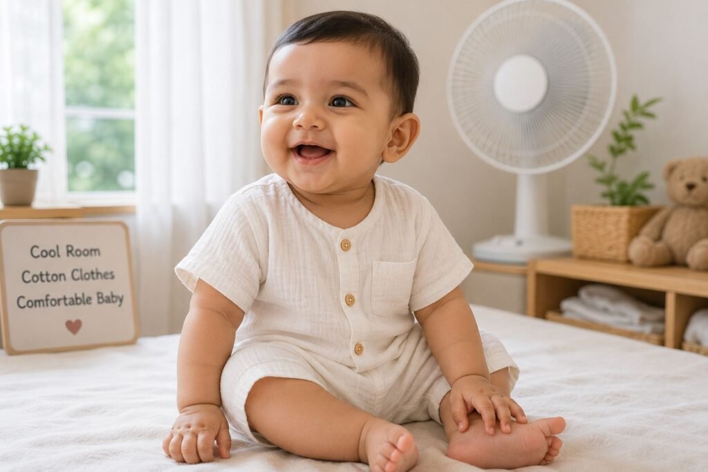Baby in loose cotton clothing to prevent heat rash