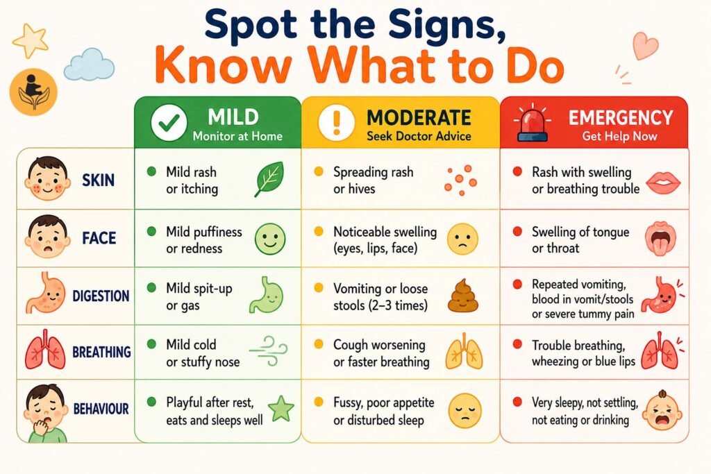 Baby food allergy symptoms chart: mild, moderate, and emergency signs