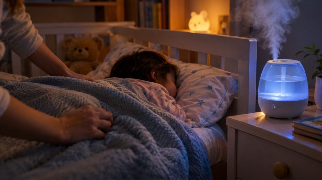 Parent using a cool-mist humidifier to ease a child's nighttime cough and cold symptoms