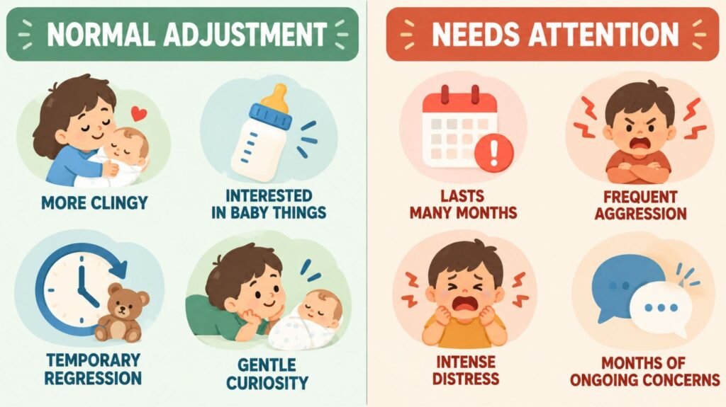 Infographic comparing normal sibling jealousy versus signs that need a pediatrician's attention