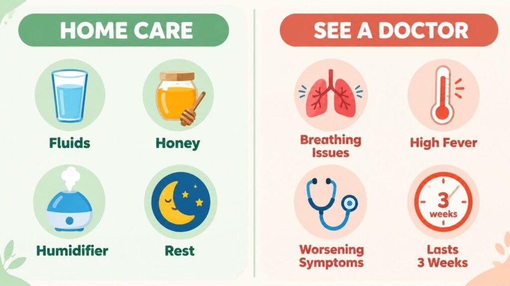 Infographic comparing home care remedies versus doctor visit warning signs for child cough and cold