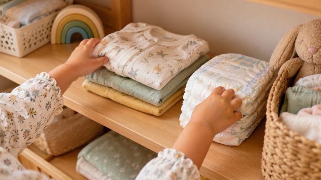 Older sibling helping pick out baby items, building a sense of role during the adjustment period