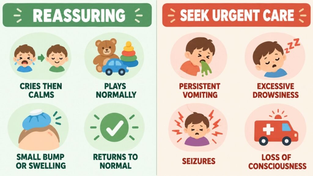 Infographic comparing reassuring signs versus emergency warning signs after a toddler head injury