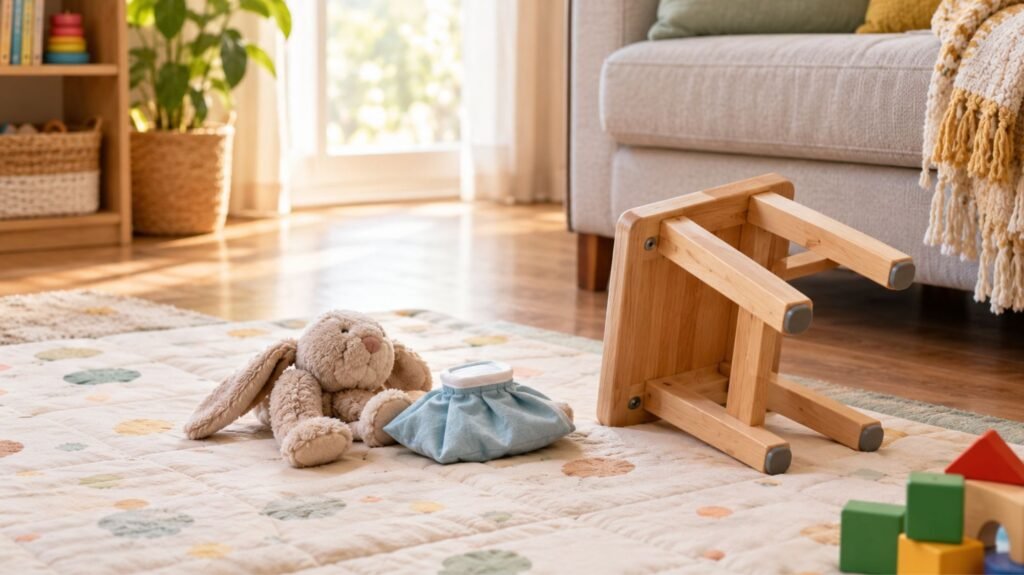 Child-safe living room scene after a minor toddler fall, showing a cold compress and play mat