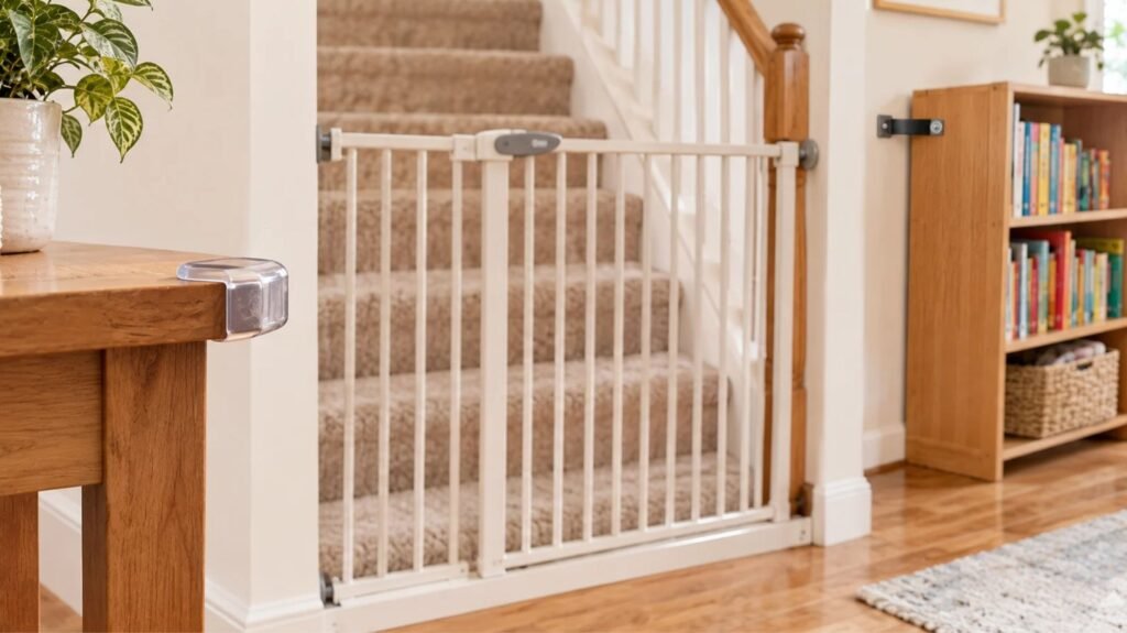 Home childproofing setup with safety gate and furniture anchors to prevent toddler head injuries