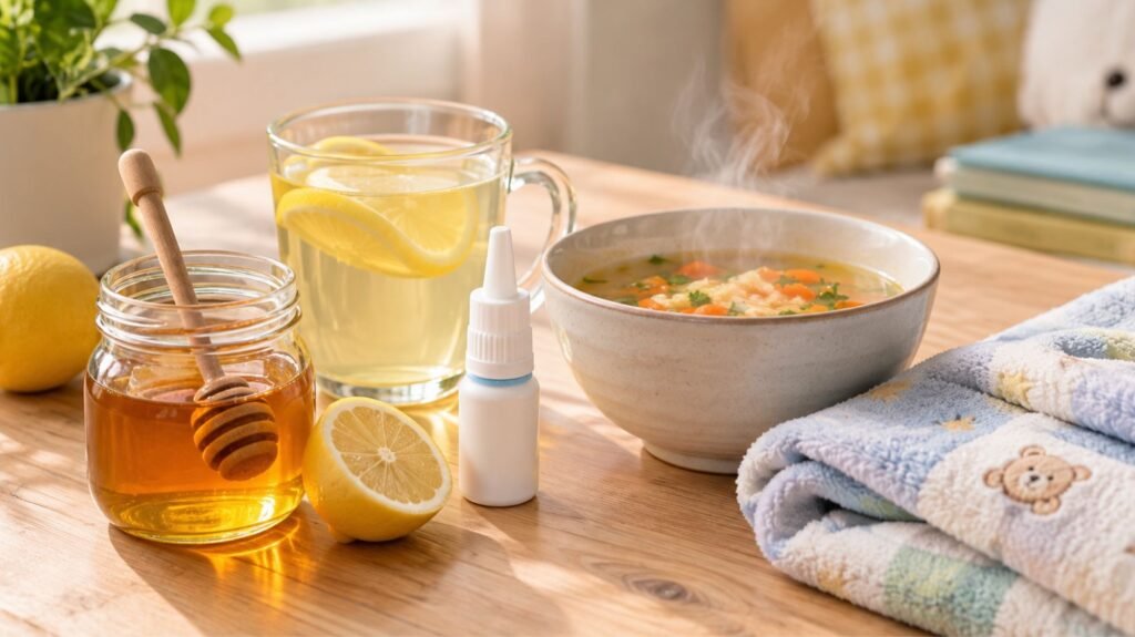 Home remedies for children's cough and cold including honey, saline drops, and warm fluids