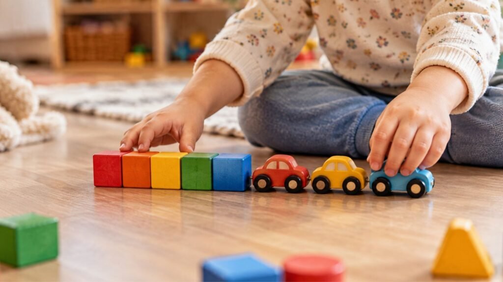 Toddler lining up toys in a row, a repetitive play pattern paediatricians assess during screening