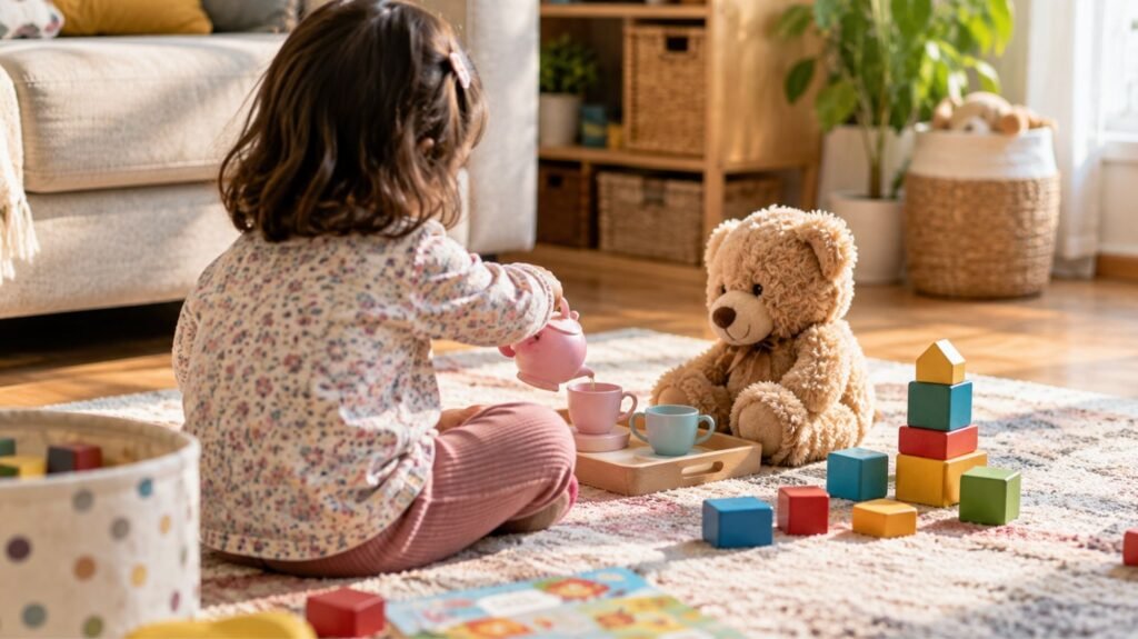 Toddler engaged in pretend play, an early developmental milestone paediatricians look for