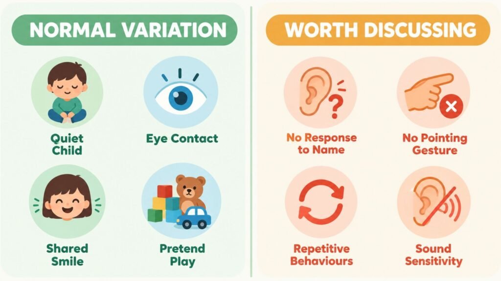  Infographic comparing normal toddler variation versus early autism signs worth discussing with a paediatrician