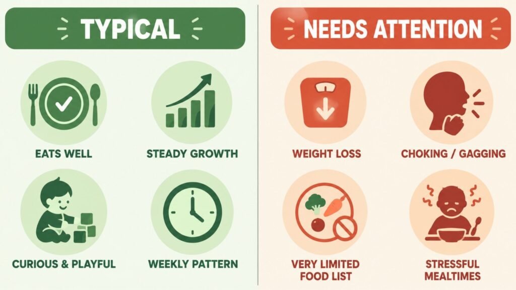 Infographic comparing typical toddler picky eating versus signs that need a pediatrician's attention