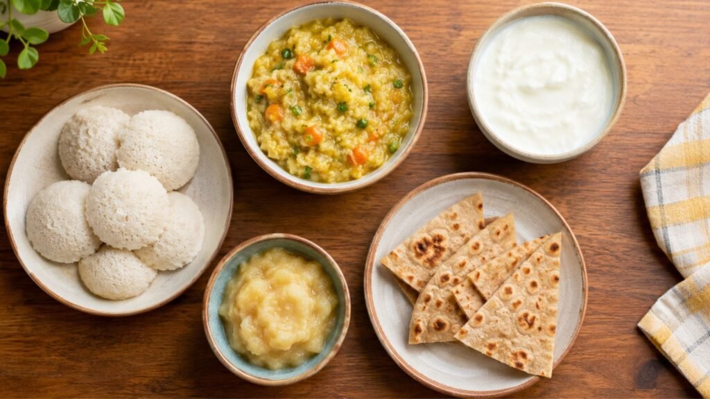 Healthy Indian toddler food ideas including khichdi, idli, curd, and mashed vegetables for picky eaters