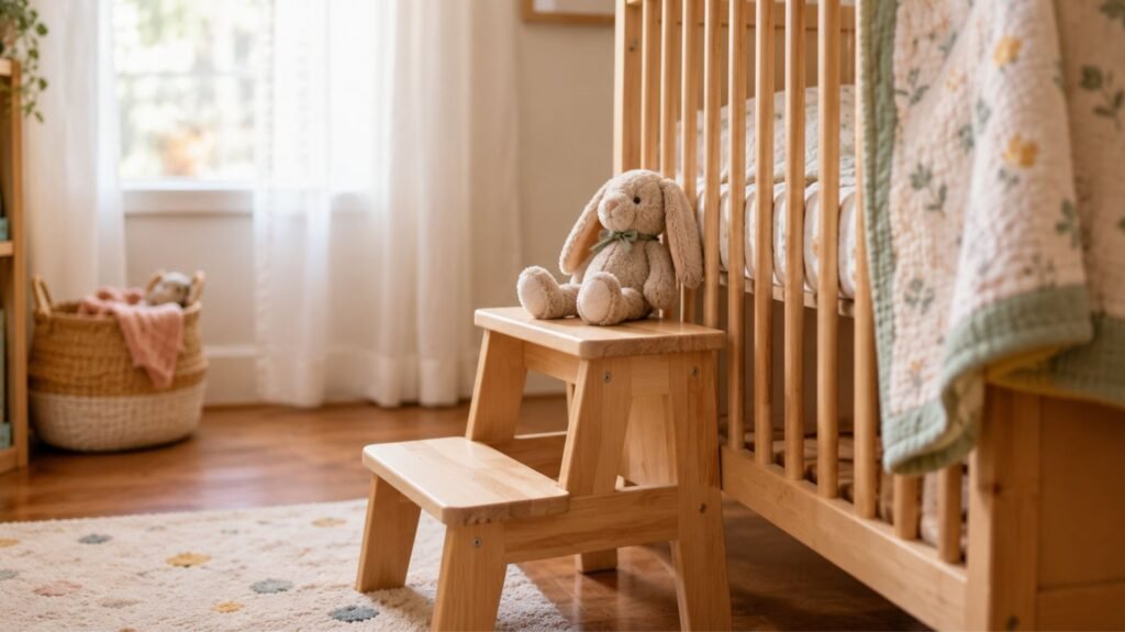 Toddler's step stool beside a baby crib, symbolizing an older sibling's new role with the baby